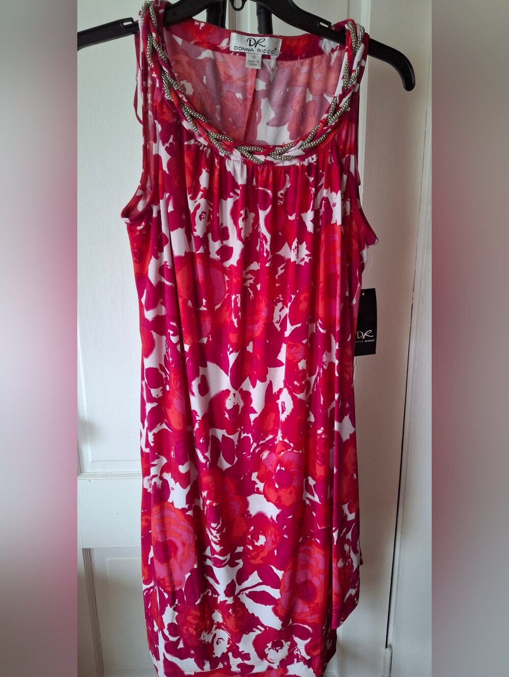 Donna Ricco Red Orange Floral Beaded Neck Drape Front Shift NWT